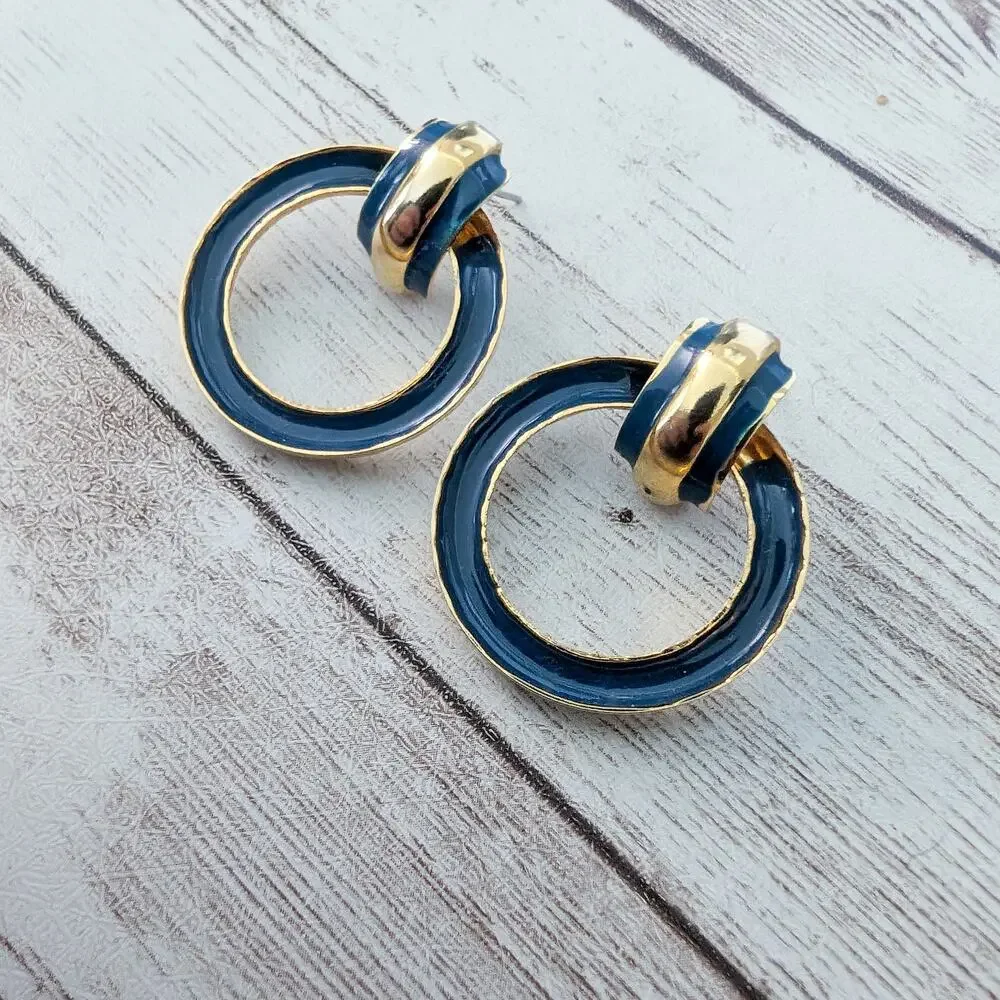 Vintage Earrings for Pierced Ears Blue & Gold Tone Circle Dangle